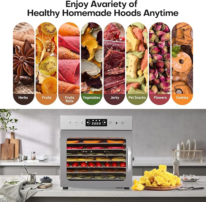 Panana Food Dehydrator for Jerky, Fruit, Meat, Beef, Herbs, 6/8/12/18-Tray Full Stainless Steel Dehydrator Machine, LED Display, Adjustable Timer, Temperature Control, Overheat Protection (8-Trays)