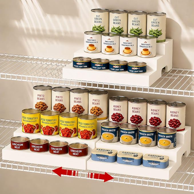 Expandable Can Organizer for Pantry Fits Up to 24 20-oz Canned Food, White | 3-Tier Can Storage Holder for Kitchen Cabinet, Solid Wood Canned Goods Pantry Organizer Shelf, Visible & Accessible Display