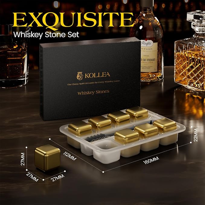 Kollea Whiskey Stones, 8-Pack Golden Stainless Steel Whiskey Chilling Rocks, Reusable Ice Cube for Drinking, Rum Cocktail Drink Accessories, Bartender Kit, House Warming Gifts, Drinking Bar, Christmas