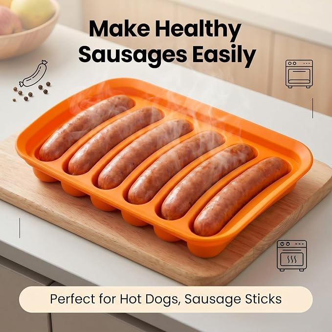 Silicone Sausage Mold 2 Pcs with a Set of Silicone Brush Spatula and 25x Pastry Bags, Non-Stick Hot Dog Bun Pan, DIY Handmade Ham Sausage, Hot Dogs Baking Mold for Children's Food with Lid, Orange*2