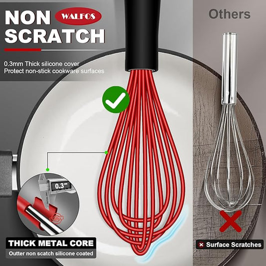 Walfos Whisk,Silicone Whisk Non Scratch-Whisks for cooking set of 4 Heat Resistant(480°F).Nice for Blending Beating Stirring and Kitchen Cooking &Baking.BPA Free and Dishwasher safe.(5+7+9+11inch )Red