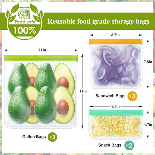 8 Pack Silicone Bags Reusable Storage Silicone Bags-3 Reusable Gallon Freezer 3 Sandwich 2 Snack Bags, Leakproof Food Storage Containers for Home Work