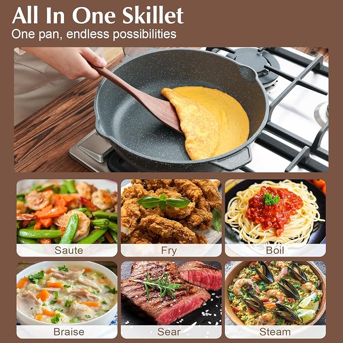 SENSARTE Nonstick Deep Frying Pan Skillet, 12-inch Saute Pan with Lid, Stay-cool Handle, Chef Pan Healthy Stone Cookware Cooking Pan, Induction Compatible, PFOA Free (Pack of 2)