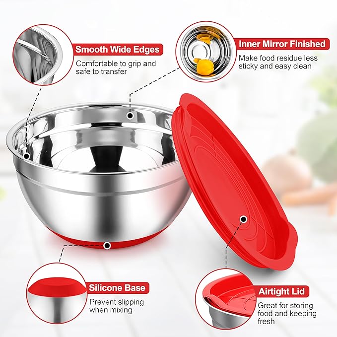 TeamFar Mixing Bowls, Red Mixing Bowls with Lids Set, Stainless Steel Nesting Salad Bowl with Air-tight Lid & Silicone Bottom, Non Slip & Stackable - Set of 6-4.6/2.6/2 / 1.5/1 / 0.7 Qt