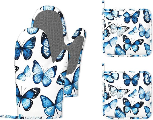 Blue Butterfly Heat-Resistant Silicone Oven Mitts and Pot Holder 4 Piece Set,Non-Slip Kitchen Oven Gloves for Baking, BBQ, Cooking,Grilling