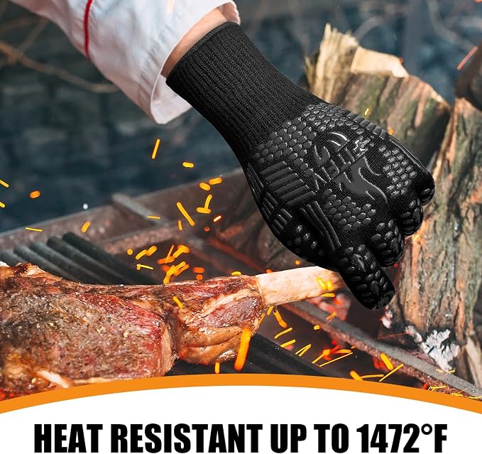 BBQ Gloves, Oven Gloves, 1472°F Extreme Heat Resistant Barbecue Gloves, Silicone Non-Slip Oven Mitts, Kitchen for Cooking, Grilling, and Baking