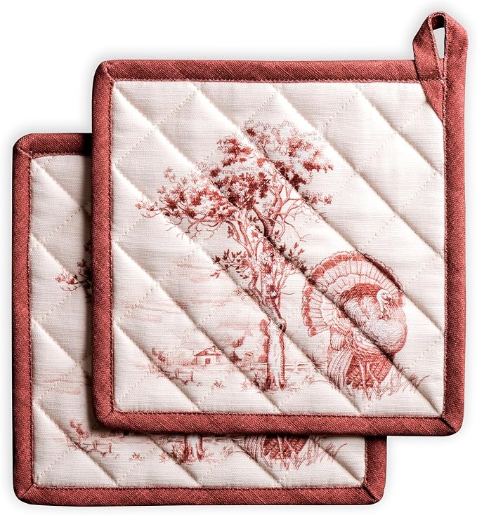 Maison d' Hermine Pot Holders 100% Cotton Potholders (8" x 8", Pack of 2) | Heat Resistant Hot Pads with Loop BBQ Cooking Baking Kitchen Handling Hot Pans Thanksgiving Christmas - Holy Jouy - Brown
