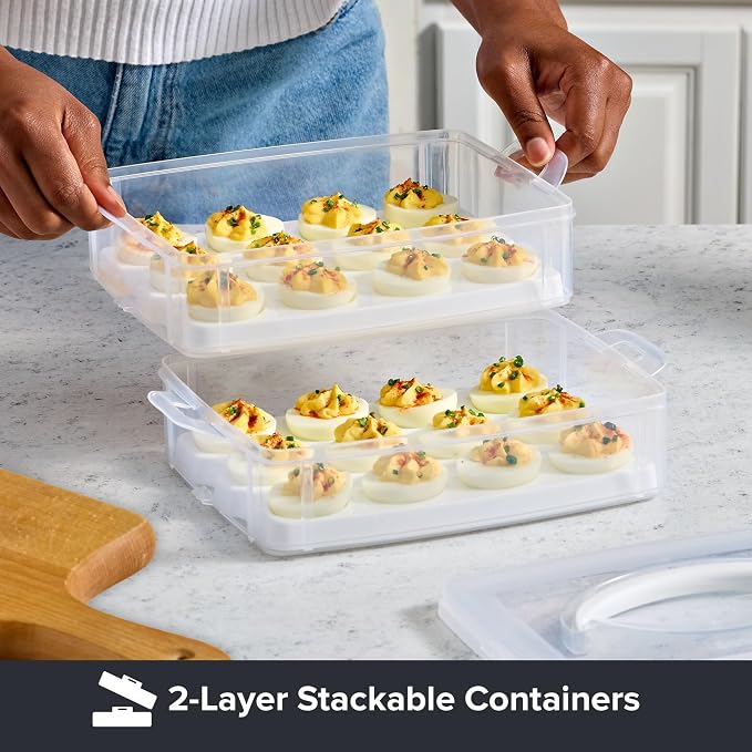 Snapware (2-Layer, 24 Eggs) Plastic Detachable Deviled Egg Carrier Storage | With lid and handle, freezer, dishwasher, microwave safe