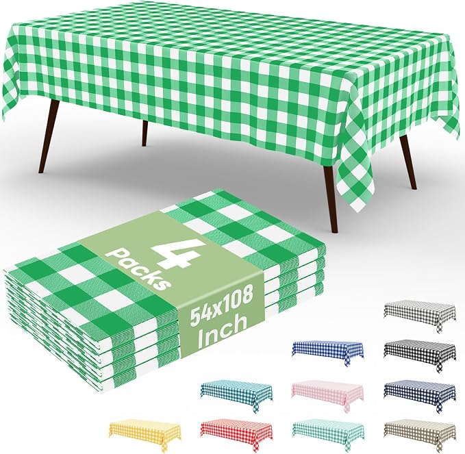 4 Packs Buffalo Disposable Table Cloth, 54 x 108 Inch Waterproof Plastic Tablecloth, Rectangle Green and White Checkered Table Covers for Picnic, Birthday, Party, Back to School