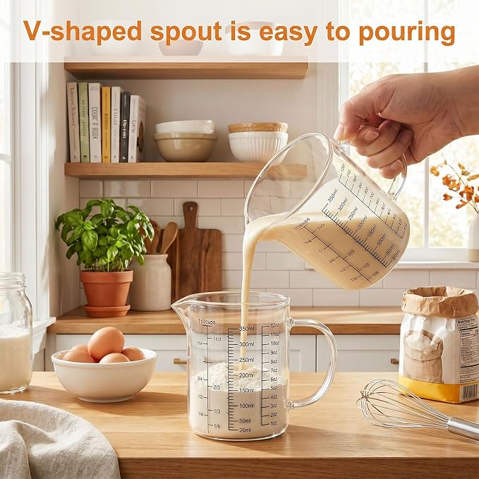Graduated Glass Measuring Cup With Handle 350ML (12Oz, 1 1/2Cups) | High Borosilicate Liquid Measuring Cup for Baking Cooking Kitchen V-Shaped Spout Glass Measuring Beaker Easy To Read