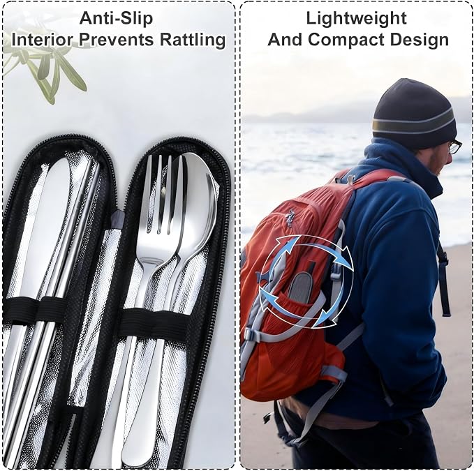 Reusable Travel Utensils Set with Case, Premium Stainless Steel Flatware, Portable Silverware for Lunch, Camping, Picnic, Travel Fork and Spoon Set, To Go Utensils, Dishwasher Safe (Silver)