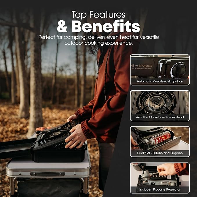 GasOne 10,000 BTU Dual Fuel Camp Stove – Butane and Propane Burner Portable Stove Camping Grill with Adjustable Heat Dial, Carry Case, Automatic Electric Ignition – Safe and Durable Construction