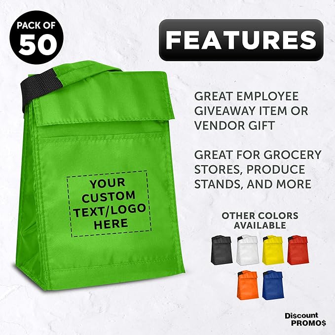 DISCOUNT PROMOS 50 Hook and Loop Insulated Lunch Bags Set - Customizable Text, Logo - Polyester, Durable, Vibrant, Reusable - Green