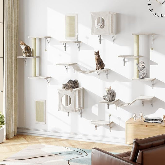 10 Pcs Cat Wall Shelves Set, Wall-Mounted Climber with Cat House, Scratching Post, Bridge, Hammock, Space-Saving Play Furniture, Beige