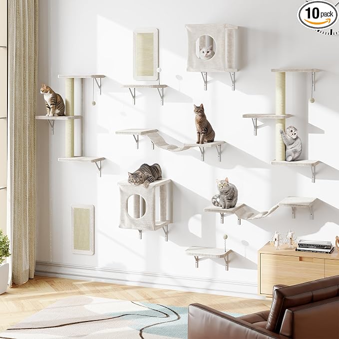 NUNU LAB Cat Wall Shelves, 10-in-1 Wall-Mounted Cat Furniture Set, Large Cat Climber Set with House, Bridge, Steps, Scratcher, DIY Playground, Shelves for Indoor Wall Furniture Set, Beige