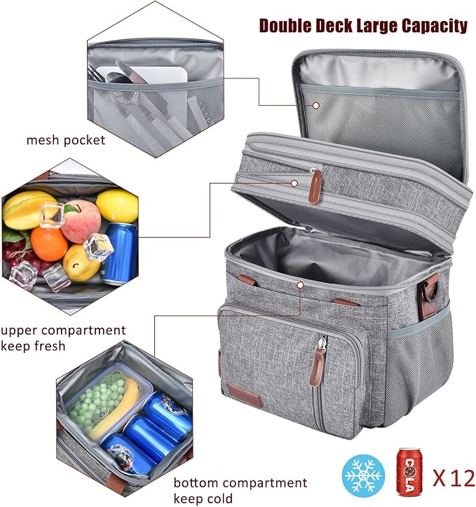MIYCOO Lunch Bag for Women & Men, Expandable Double Deck Lunch Box, 15L | Leakproof & Waterproof, Portable, Large Soft Insulated Cooler bag for Adult, Work, Camping, Beach, Picnic, Travel