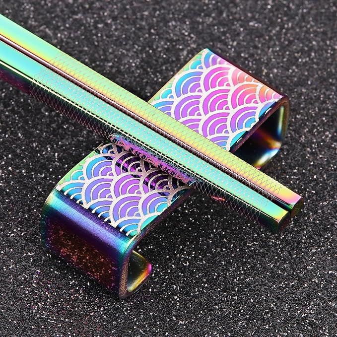 Metal Chopsticks Reusable 2 Pairs Titanium Plated Stainless Steel18/8 Chopsticks with Holder, Dishwasher Safe Lightweight Japanese Style Chopsticks Gift Set(Rainbow Gradient)