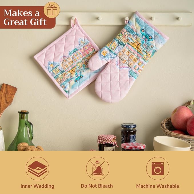 Maison d'Hermine Oven Gloves 100% Cotton Oven Mitt (7" x 13", Pack of 1) | With Loop Heat Resistant BBQ Cooking Gloves Baking Kitchen Handling Hot Pans Thanksgiving Christmas - Christmas Market - Pink