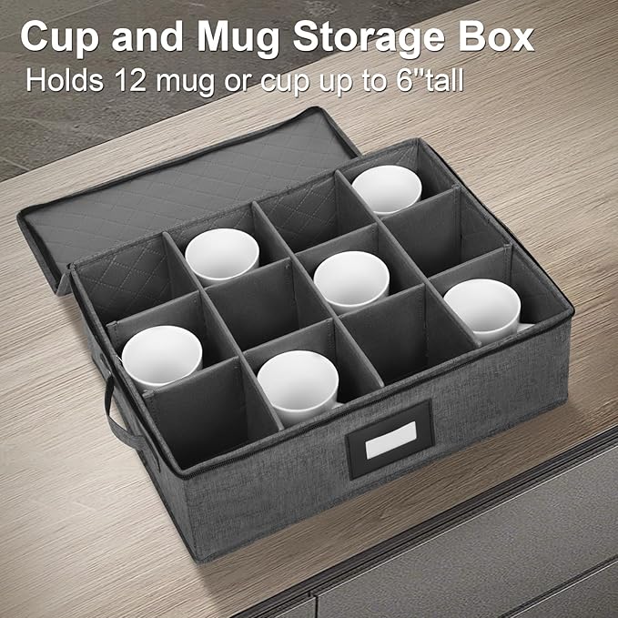 Mug Storage Box with Dividers 2 Pack, Hard Top Cup Storage for Coffee Mug | Stackable Coffee Mug Storage Box with Zipper Lid & Rivet Reinforced Handles (17"L x 13"W x 6" Black)