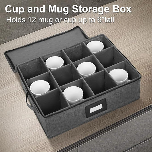 Mug Storage Box with Dividers 2 Pack, Hard Top Cup Storage for Coffee Mug | Stackable Coffee Mug Storage Box with Zipper Lid & Rivet Reinforced Handles (17"L x 13"W x 6" Black)
