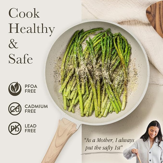 CAROTE Non Stick Frying Pan, 12 Inch Cream White Skillet with Glass Lid | Non Toxic Kitchen Healthy Cookware, Compatible with All Stovetop, Easy to Clean, PFOA Free