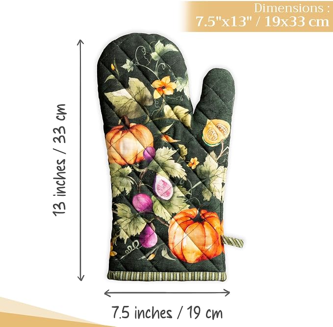 Maison d'Hermine Oven Gloves 100% Cotton Oven Mitt (7" x 13", Pack of 1) | With Loop Heat Resistant BBQ Cooking Gloves Kitchen Handling Hot Pans Thanksgiving Christmas - Pumpkin Garden - Dark Green