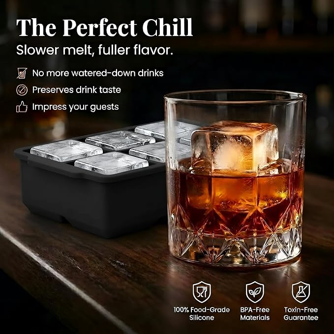 KitchFort® Large Silicone Ice Cube Tray (3-Pack) - 2" Big Ice Mold with Lid | Easy Release, Cocktail, Whiskey Ice Cubes Mold - Food Grade - Ice Cube Trays for Freezer - Stackable Silicone Ice Tray