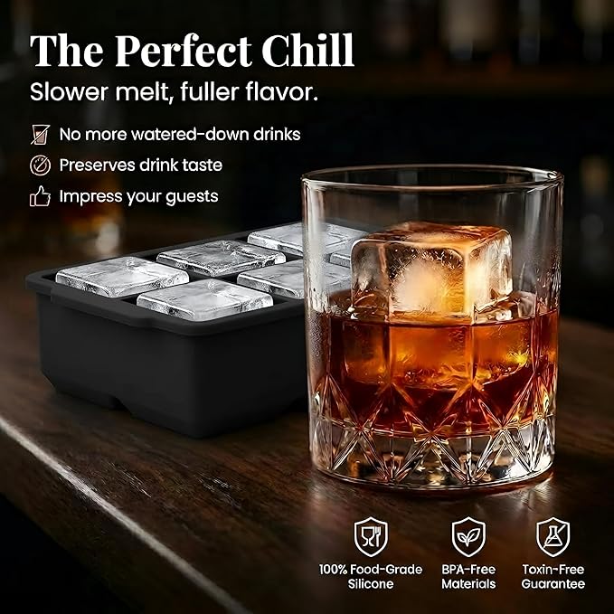 KitchFort® Large Silicone Ice Cube Tray (2-Pack) - 2" Big Ice Mold with Lid | Easy Release, Cocktail, Whiskey Ice Cubes Mold - Food Grade - Ice Cube Trays for Freezer - Stackable Silicone Ice Tray
