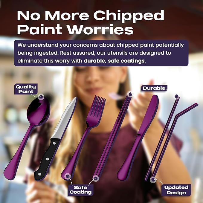 Taplord Portable Travel Silverware Set With Case, Includes 10 Pcs of Travel Utensils With Case, Stainless Steel Flatware Set For Camping, Lightweight (Purple)