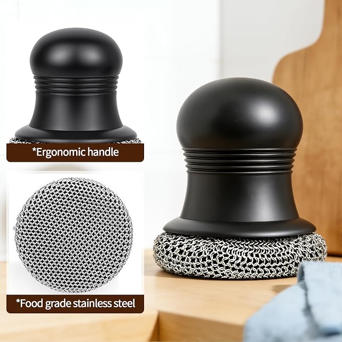 316 Upgraded Cast Iron Scrubber with Pan Scraper,Cast Iron Cleaner for Grill Pan Skillet Wok Carbon Steel,Ergonomic to Hold Easy to Use Dishwasher Safe ((Small Chain Mail))