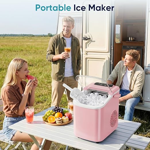 DUMOS Ice Maker Countertop, Ice Machine with Portable Handle, Basket and Scoop, 26lbs Daily, 9 Bullet Cubes in 6-8 Mins, Auto-Cleaning for Home, Kitchen, Office, Outdoors, RV Camping