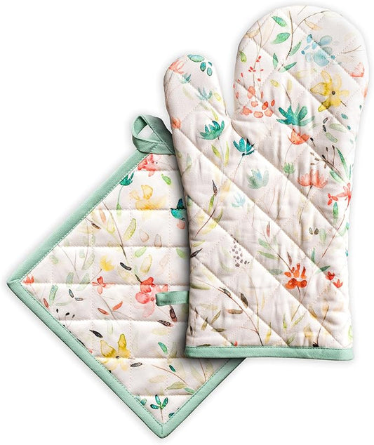 Maison d' Hermine 100% Cotton Oven Mitt & Pot Holder Set (7.5"x13" & 8"x8") | Heat Resistant BBQ Cooking Gloves with Loop Baking Grilling Kitchen Hotel Home Farmhouse Spring Summer - Colmar