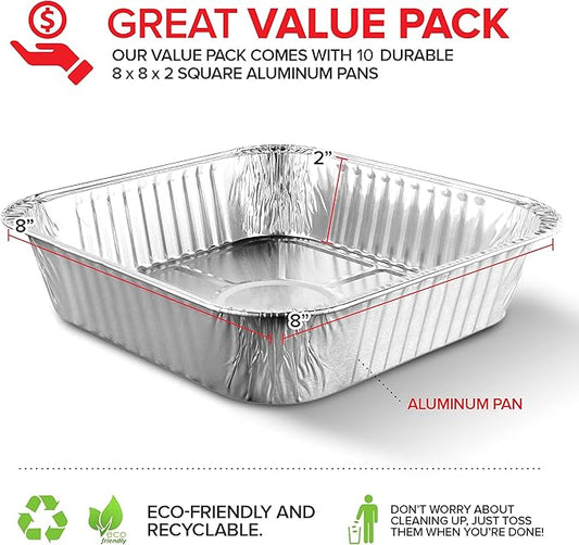 8x8 Foil Pans (10 Pack) 8 Inch Square Aluminum Pans - Foil Pans - Disposable Food Containers Great for Baking Cake, Cooking, Heating, Storing, Prepping Food