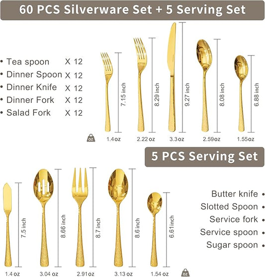 KINGSTONE Gold Hammered Silverware Set, Flatware Set with Serving Utensils, 18/10 Stainless Steel Premium Cutlery with Unique Ripple Handles Design Mirror Polished - Dishwasher Safe (65-Piece)