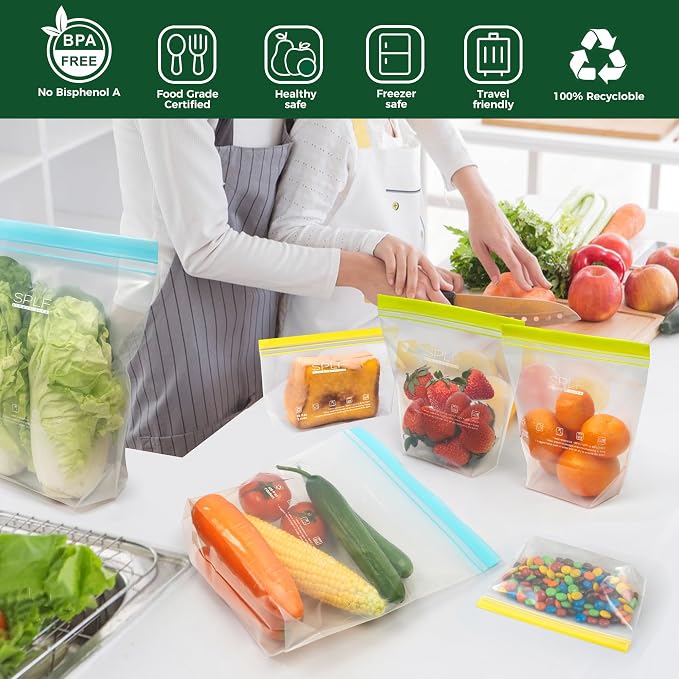 SPLF 8 Pack Reusable Gallon Freezer Bags Dishwasher Microwave Safe | 1 Gallon BPA Free Leakproof Food Storage Bags, Silicone Free Containers for Meal Prep, Fridge Kitchen Organization