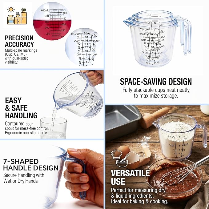 Measuring Cup Set, 3PCS Plastic Liquid Measuring Cups,Includes 150Ml, 300Ml and 600Ml, with Nozzle Handle- Baking, Cooking, Mixing & Liquid/Solid Measuring, Essential Kitchen Tools (Clear)
