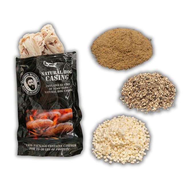 Bearded Butchers Mushroom & Swiss Bratwurst DIY Kit – Brats with Seasoning, Swiss Cheese, Mushroom Bits & 32mm-35mm Natural Hog Casings – Great for Pork, Venison, Elk, Bison – Makes Up to 25 lbs Meat