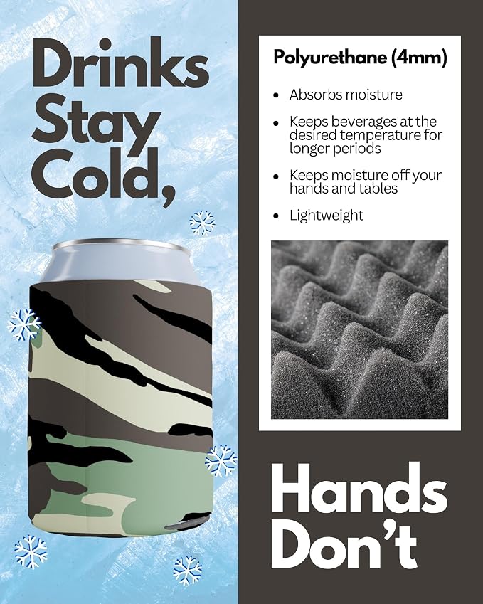 PartyPrints 25 Pack Camo Blank Can Cooler Sleeves, Customizable Bulk Insulated Foam for Beer, Collapsible Plain Drink Holder, Cold Soda Insulator, 12oz Regular, 16oz Tall Cans