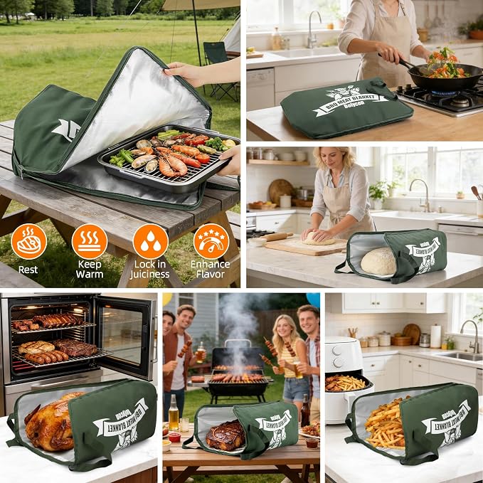 Upgraded BBQ Blanket for Resting Meat -Smoker Accessories Insulated Meat Resting Bag with Wide Mouth for Brisket/Steak/Pork Shoulder/Turkey - BBQ Accessories Grilling Gifts for Men (Green, 21inch)