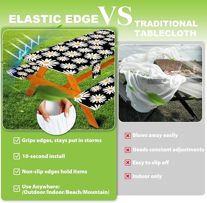 Fitted Picnic Table Cover with Bench Covers, Windproof Vinyl Table Cloths Outside Camping Cooking Backyard Furniture Seat Cushion Tablecloth Activities Party Decor Decorations Para Acampar Equipment