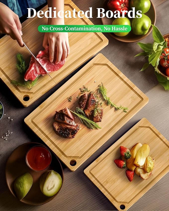 Kitsure Bamboo Cutting Board for Kitchen, Set of 3, Natural | Multi-Sizes Wooden Cutting Boards for Chopping & Serving, Convenient Kitchen Essentials, Deep Juice Grooves