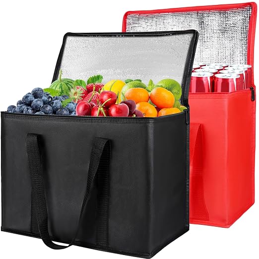 X-Large Insulated Reusable Grocery Shopping Bags, Black+Red, 2 Pack | With Zippered Top, Insulated Food Delivery Bag, Cooler Bag for Travel/Groceries, Frozen/Thermal Catering for Cold/Hot Food