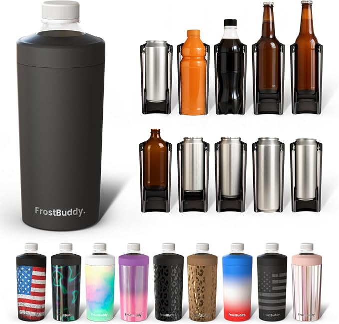 Frost Buddy XL Can Cooler - Fits 12/16/20/24 oz Cans & Bottles (Black) | Keeps drinks chilled 12+ hrs | No sweat, no condensation | Fits slim & standard cans