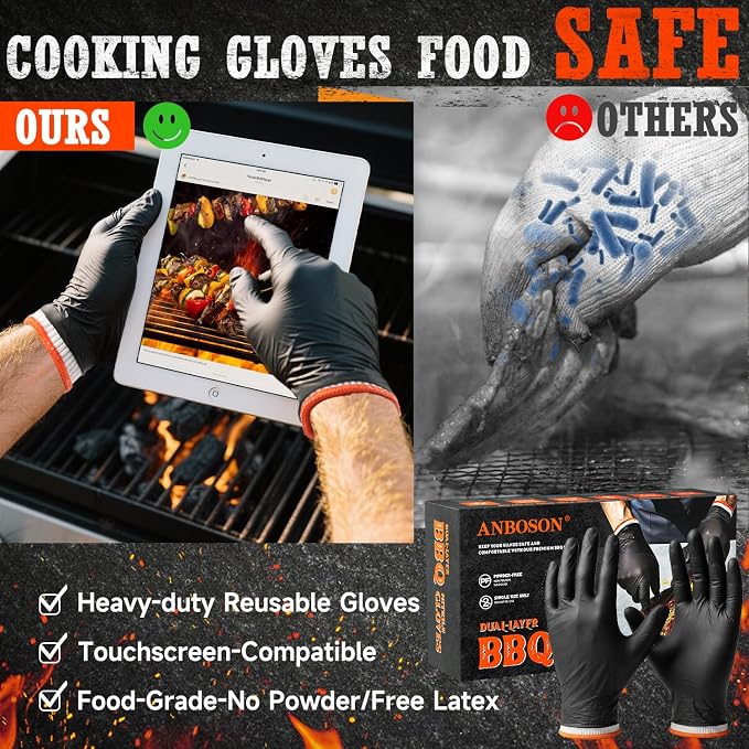 ANBOSON BBQ Gloves,Disposable BBQ Gloves Heat Resistant Cooking | 50 Disposable Nitrile Gloves with 2 Reusable Cotton Liners, Powder Free, Latex Free for Smoking,Grilling,Cooking,Food Prep