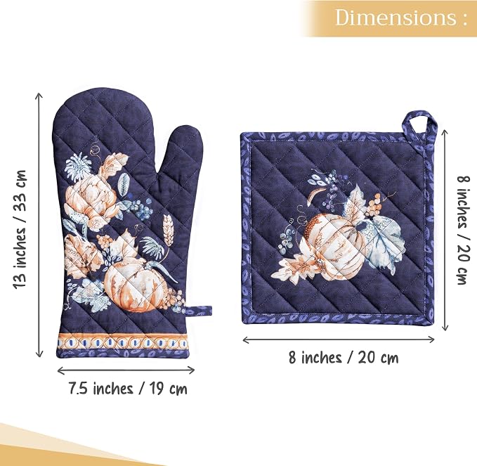 Maison d' Hermine 100% Cotton Oven Mitt & Pot Holder Set (7.5"x13" & 8"x8") | Heat Resistant BBQ Cooking Gloves with Loop Baking Grilling Kitchen Home Farmhouse Thanksgiving Christmas - Pumpkin Blues