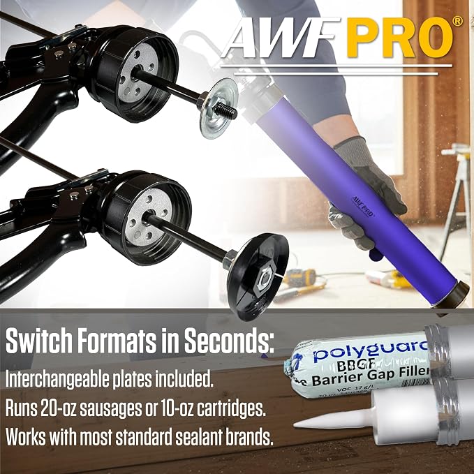 AWF PRO Sausage Caulking Gun 20 oz, 12:1 Thrust Ratio, Pack of 12 | 20 oz Foil Pack and 10 oz Cartridge Convertible, Aluminum Barrel, Includes 3 Tips