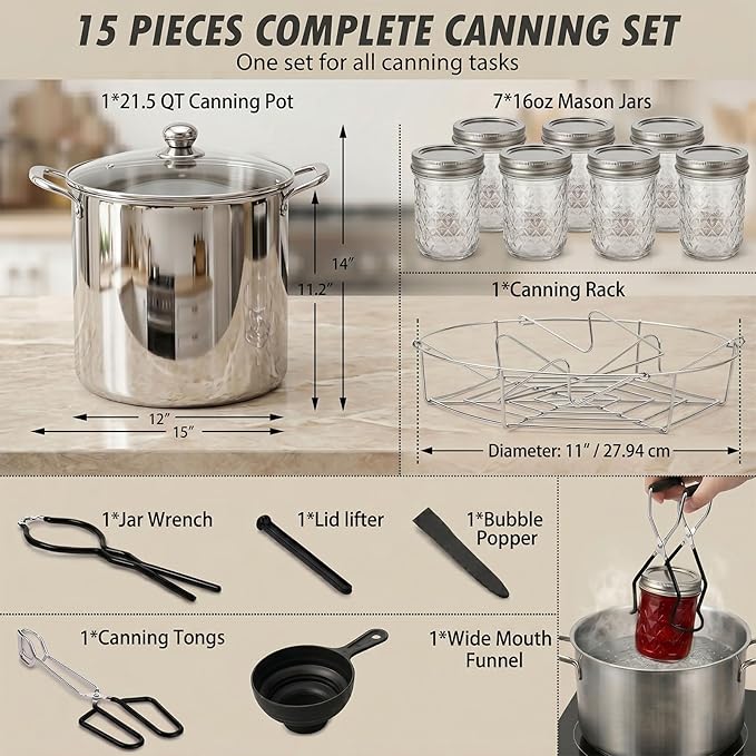 Canning Supplies Kits with 21.5 Qt Canning Pot, 7pcs Mason Jars, Tongs, Stainless Steel Jar Rack, Funnel, Lid Lifter Water Bath Canner Tool Set