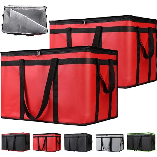 2-Pack Insulated Food Delivery Bag with Hard Bottom, XXX-Large Commercial Food Warmer, Insulated Reusable Grocery Cooler/Hot Bags, Tote Bag for Shopping/Travel, Red