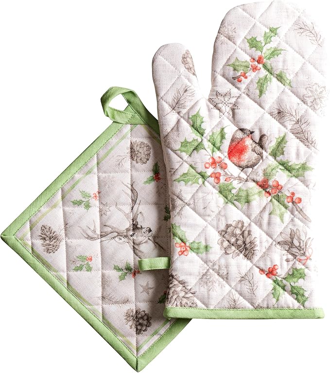 Maison d' Hermine 100% Cotton Oven Mitt & Pot Holder Set (7.5"x13" & 8"x8") | Heat Resistant BBQ Cooking Gloves with Loop Baking Grilling Kitchen Home Farmhouse Thanksgiving Christmas - Christmas Dew