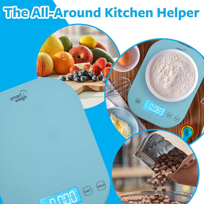 Smart Weigh Blue Digital Kitchen Scale for Cooking, Weight Loss, Calorie Tracking, Baking, Food Portion Control, and Meal Prep - Accurate Measurements in Grams and Ounces